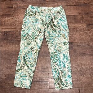 Chico's Teal and Cream Paisley Cropped Skimmer Pants Size 00
